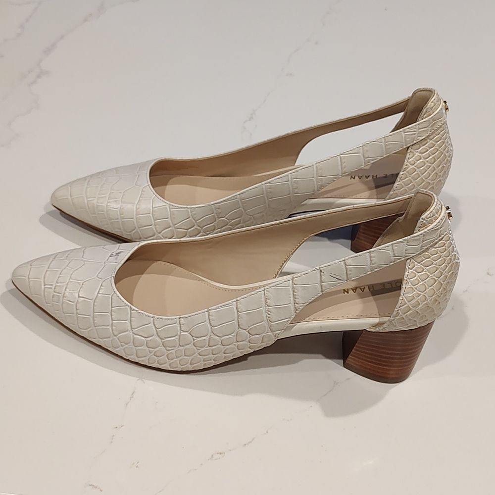 Cole Haan Emilee Leather Croc Embossed Side Cut Out Stacked Block  Heel Pumps